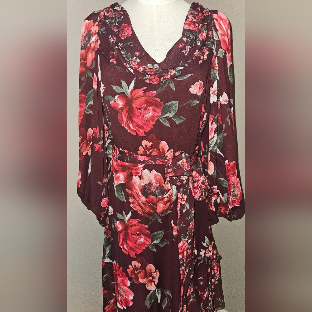 NWT Alex Marie Birdie Chiffon Floral Ruffled Midi Dress:Burgundy Floral: Size-12